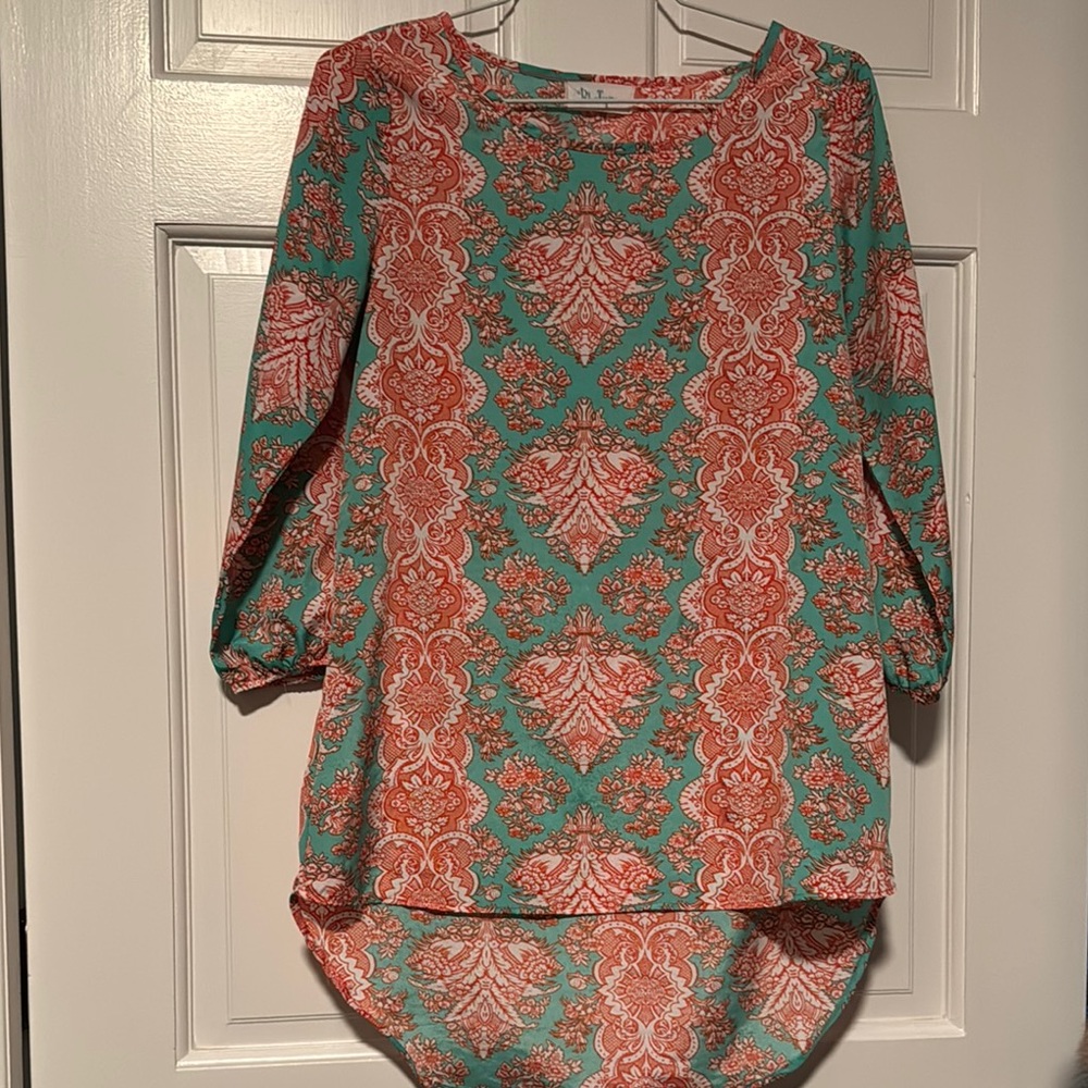 Elegant Coral and Teal Patterned Women's Top